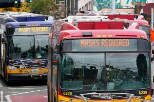 Metro buses post signs advising that masks are required Thursday, Nov. 12, 2020, in Seattle. Washington state and county health officials have warned of a spike in coronavirus cases across the state, and pleaded with the public to take the pandemic more seriously heading into the winter holidays. (AP Photo/Elaine Thompson)