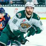 The Silvertips' Hunter Campbell skates with the puck during a game against the Blazers on Saturday, Feb. 12, 2022, at Angel of the Winds Arena in Everett. (Kristin Ostrowski / Everett Silvertips)