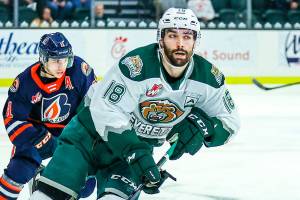 The Silvertips' Hunter Campbell skates with the puck during a game against the Blazers on Saturday, Feb. 12, 2022, at Angel of the Winds Arena in Everett. (Kristin Ostrowski / Everett Silvertips)
