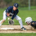 Arlington’s Tyler Rusko catches a ground ball while Monroe’s Kody Edelbrock slides into second base during the game on Thursday, April 21, 2022 in Arlington, Washington. (Olivia Vanni / The Herald)