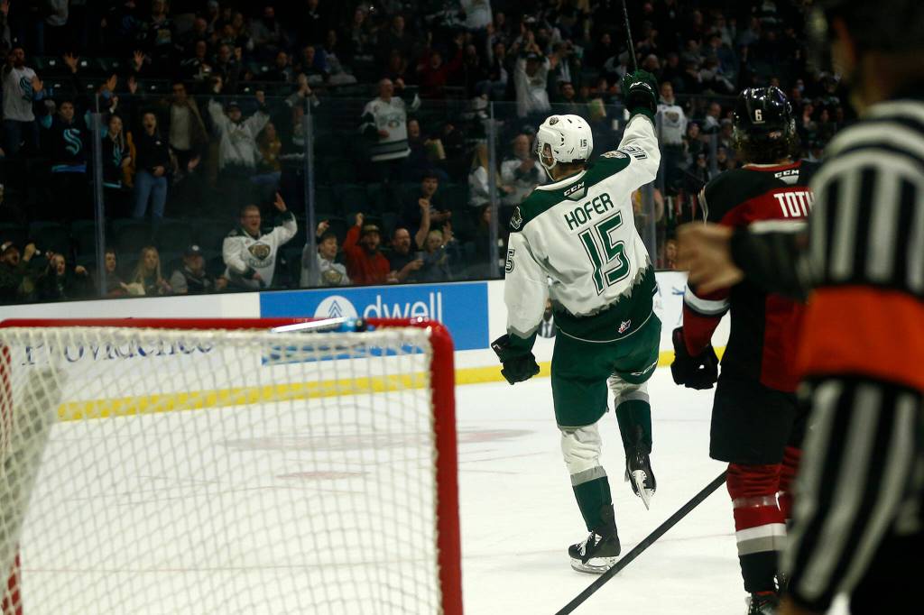 The Everett Silvertips&rsquo; Ryan Hofer celebrates the first goal of the game against the Vancouver Giants during the first round of the WHL playoffs Friday, April 22, 2022, at Angel of the Winds Arena in Everett, Washington. (Ryan Berry / The Herald)
