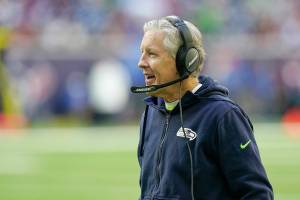 Seattle Seahawks head coach Pete Carroll during an NFL football game against the Houston Texans, Sunday, Dec. 12, 2021, in Houston. (AP Photo/Matt Patterson)