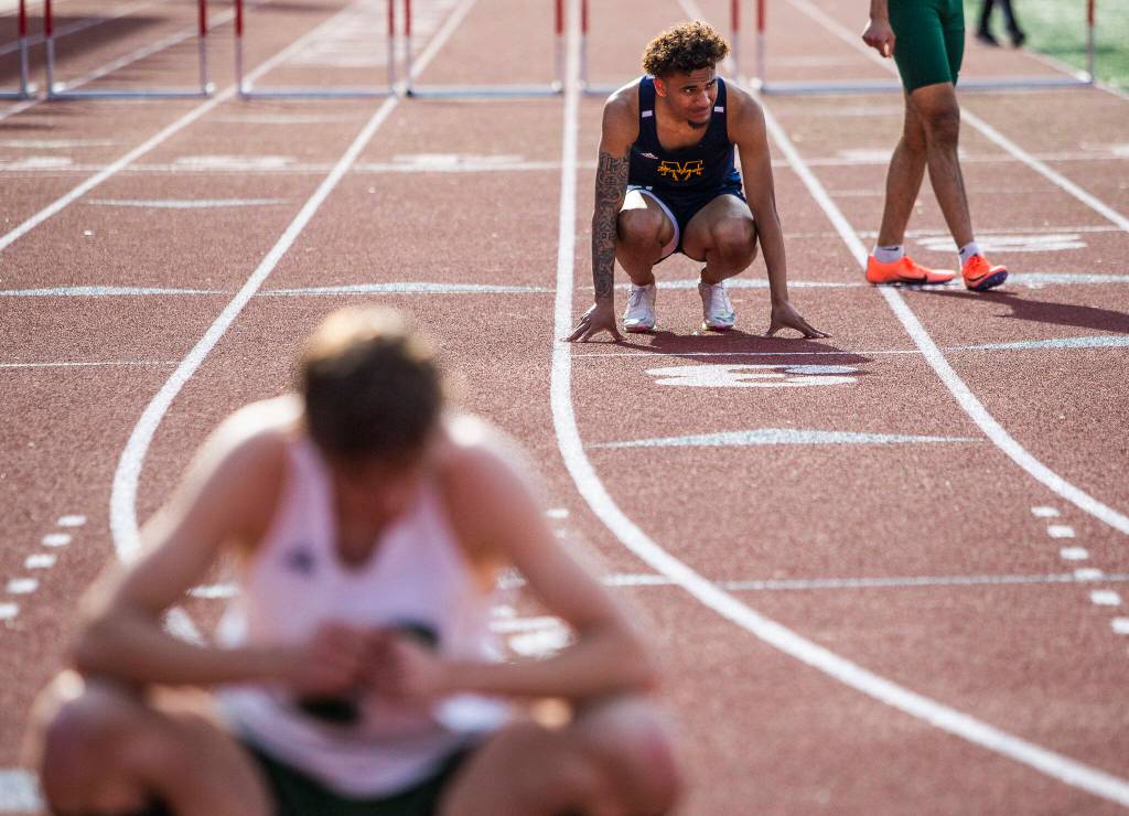 Mariners Jaquan Means reacts to not coming in first in the 300 meter hurdles during Eason Invitational track and field meet on Saturday, April 23, 2022 in Snohomish, Washington. (Olivia Vanni / The Herald)