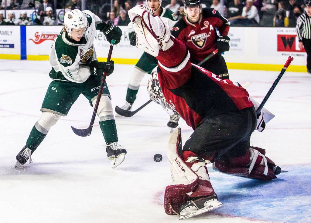 Silvertips Jacob Wright takes a shot on goal during the playoff match up against the Vancouver Giants on Saturday, April 23, 2022 in Everett, Washington. (Olivia Vanni / The Herald)