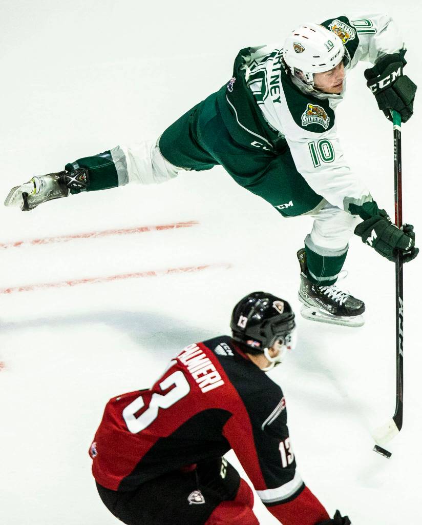 Silvertips Beau Courtney takes a shot during the playoff match up against the Vancouver Giants on Saturday, April 23, 2022 in Everett, Washington. (Olivia Vanni / The Herald)