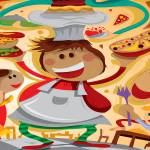 The chef carrying a pizza a hotdog and a burger, customers can’t wait to start eating.