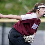 Cascades Alexa Hamshaw winds up for a pitch against Shorewood Monday afternoon at Phil Johnson Ballfields in Everett, Washington on April 25, 2022. The Bruins won 6-2. (Kevin Clark / The Herald)