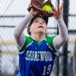 Shorewoods Paige Petschl catch a pop up against Cascade Monday afternoon at Phil Johnson Ballfields in Everett, Washington on April 25, 2022. The Bruins won 6-2. (Kevin Clark / The Herald)