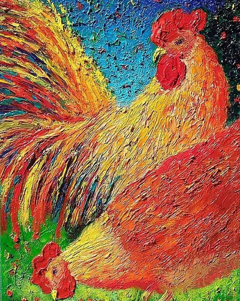 Roosters Life by Leanna Leitzke, the featured artist for May at Gallery North in Edmonds.