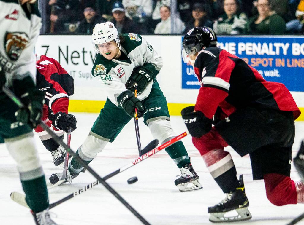 Silvertips Austin Roest takes a shot on goal during the game against the Giants on Saturday, April 30, 2022 in Everett, Washington. (Olivia Vanni / The Herald)