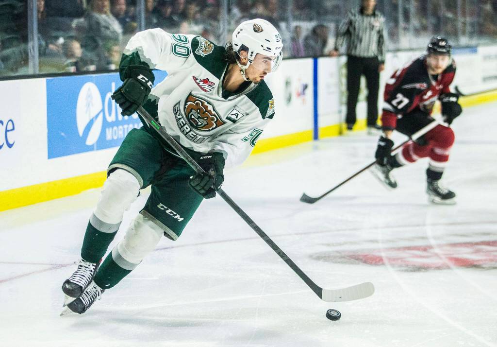 Silvertips Alex Swetlikoff skates with the puck during the game against the Giants on Saturday, April 30, 2022 in Everett, Washington. (Olivia Vanni / The Herald)