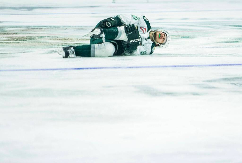 Silvertips Niko Huuhtanen rolls on the ice grabbing his leg in pain during the game against the Giants on Saturday, April 30, 2022 in Everett, Washington. (Olivia Vanni / The Herald)