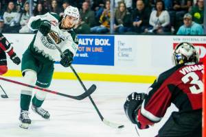 Silvertips’ Alex Swetlikoff takes a shot on goal during the second period of the game against the Giants on Saturday, April 30, 2022 in Everett, Washington. (Olivia Vanni / The Herald)
