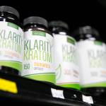 Kratom products line the shelves at Island Smoke in Clinton. (Ryan Berry / The Herald)