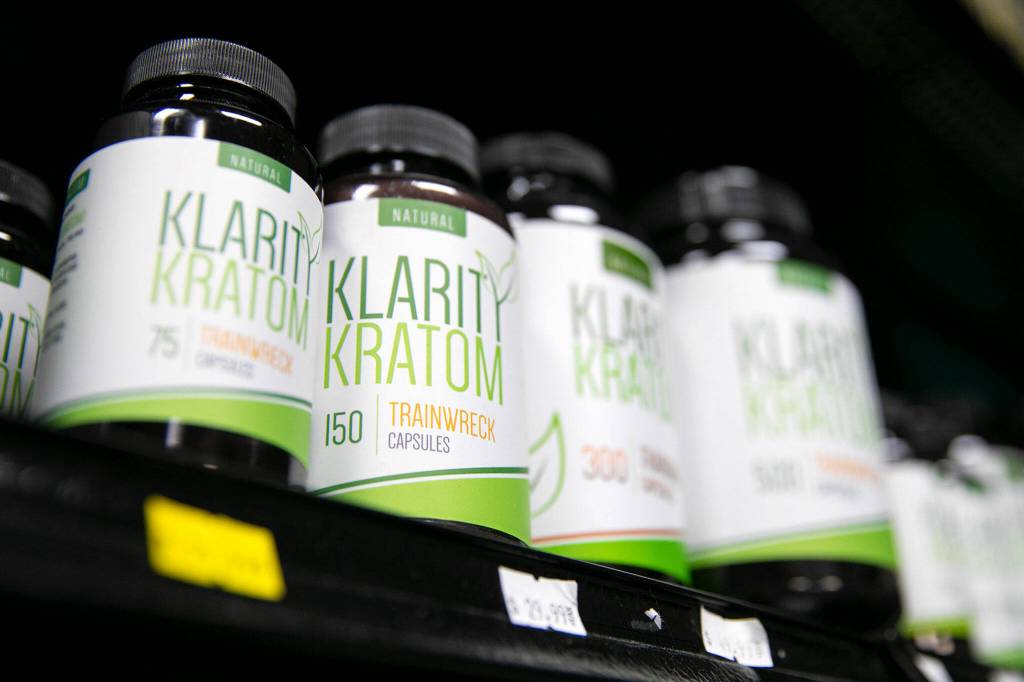 Kratom products line the shelves at Island Smoke in Clinton. (Ryan Berry / The Herald)