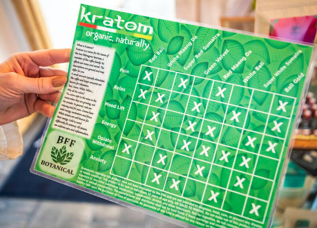 A kratom information sheet displays the types of kratom and the effects they have. (Olivia Vanni / The Herald)