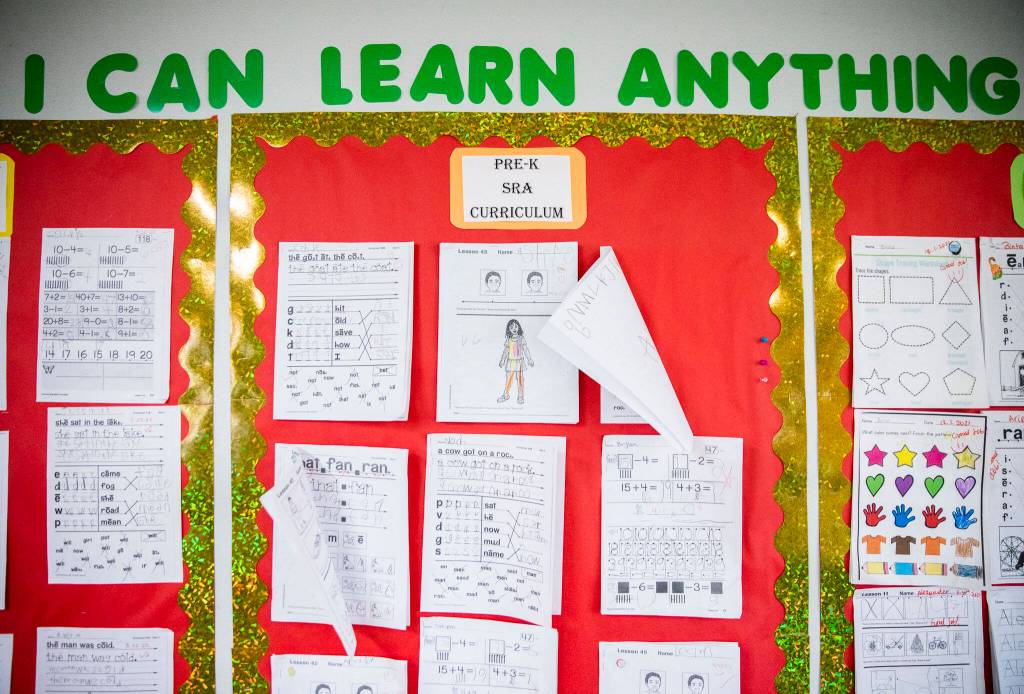 Exceptional work done by students at Greater Trinity Academy hangs on display during class on May 3 in Everett. (Olivia Vanni / The Herald)