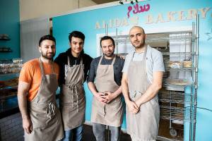 Bakers Nechirvan Zebari, left, Amer Ali, Sam Hamber and Marwan Adham at Alida’s Bakery on Saturday, April 30, 2022 in Everett, Washington. (Olivia Vanni / The Herald)