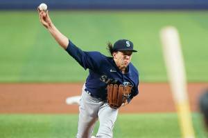 Seattle Mariners' Logan Gilbert pitches to Miami Marlins' Jesus Sanchez during the first inning of a baseball game, Sunday, May 1, 2022, in Miami. (AP Photo/Wilfredo Lee)