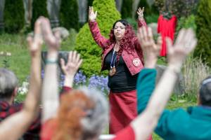 Pamela Bond shares the teaching during ‘A Day and Display of Remembrance for MMIWG2S’ at Edmonds Lutheran Church in Edmonds, Washington on May 4, 2022.  (Kevin Clark / The Herald)