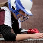 Cascades Allison Gehrig rest at third base after beating a tag attempt against Cascade High School Thursday afternoon at Phil Johnson Ballfields in Everett, Washington on May 5, 2022. The Panthers won 9-3 in a key matchup between two of the top teams in Wesco 3A/2A. (Kevin Clark / The Herald)