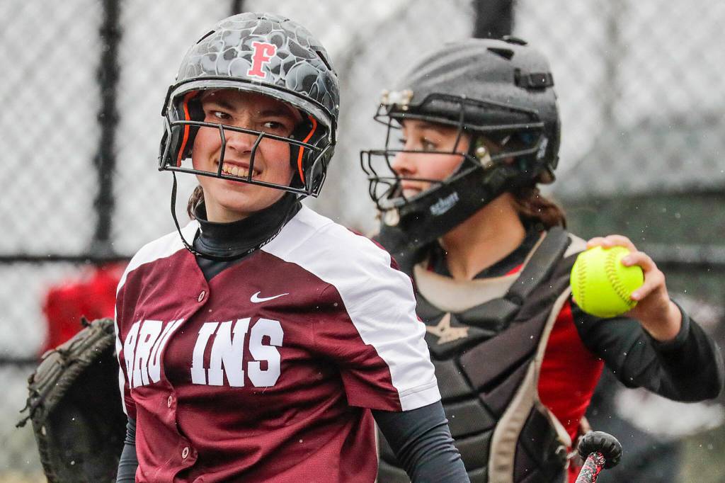 Cascades Sarah Anderson reacts after a strike with Snohomishs Alli Wilson throwing back to the mound Thursday afternoon at Phil Johnson Ballfields in Everett, Washington on May 5, 2022. The Panthers won 9-3 in a key matchup between two of the top teams in Wesco 3A/2A. (Kevin Clark / The Herald)
