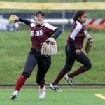 Cascades Sarah Anderson throws after a fly ball against Snohomish High School Thursday afternoon at Phil Johnson Ballfields in Everett, Washington on May 5, 2022. The Panthers won 9-3 in a key matchup between two of the top teams in Wesco 3A/2A. (Kevin Clark / The Herald)