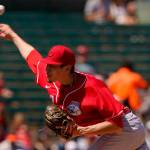 Shorewood High School alum Riley OBrien throws a pitch against the Angels while in spring training with the Reds on April 1, 2022, in Tempe, Ariz. (AP Photo/Matt York)
