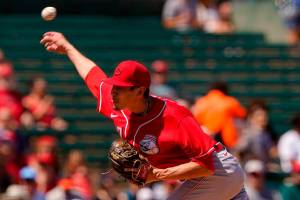 Cincinnati Reds starting pitcher Riley O'Brien throws against the Los Angeles Angels during the first inning of a spring training baseball game, Friday, April 1, 2022, in Tempe, Ariz. (AP Photo/Matt York)
