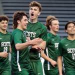 Shorecrest senior Mason Dougherty, front, celebrates a goal with his teammates. The Scots went a perfect 16-0 in the regular season, while outscoring their opponents 60-5. (Kevin Clark / The Herald)