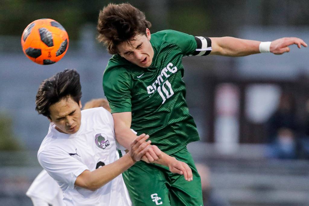 Senior midfielder Mason Dougherty, right, is one of six Shorecrest players with at least five goals this season. (Kevin Clark / The Herald)