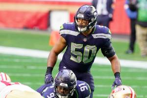 Seattle Seahawks outside linebacker K.J. Wright (50) during an NFL football game against the San Francisco 49ers, Sunday, Jan. 3, 2021, in Glendale, Ariz. (AP Photo/Rick Scuteri)