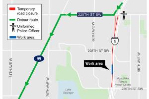 Southbound drivers on Interstate 5 will need a new route overnight through Mountlake Terrace this weekend and next weekend. (Sound Transit)