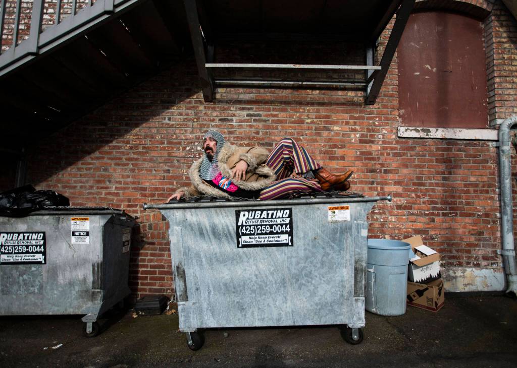 Jeremy DeBardi of Steel Beans in the nostalgic alleyway behind Tony Vs on May 17 in Everett. (Olivia Vanni / The Herald)