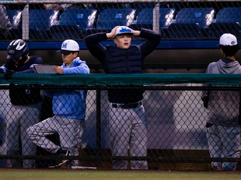Meadowdale players react to a pitch being called a strike during the district semifinal game at Funko Field on Tuesday in Everett. (Olivia Vanni / The Herald)