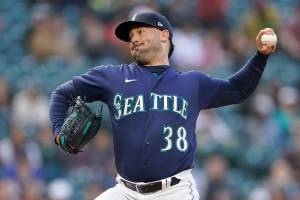 Seattle Mariners starting pitcher Robbie Ray throws against the Philadelphia Phillies during the first inning of a baseball game, Tuesday, May 10, 2022, in Seattle. (AP Photo/Ted S. Warren)
