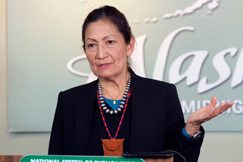 Interior Secretary Deb Haaland speaks at a news conference April 21 in Anchorage, Alaska. (AP Photo/Mark Thiessen, file)