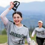 Jackson freshman Allie Thomsen celebrates the final out of the Timberwolves extra-inning win. (Kevin Clark / The Herald)