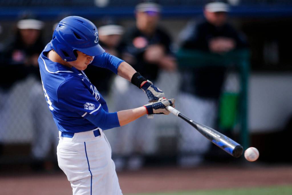 Bothells Blake Skinner pulls a ball foul against Jackson Friday, May 13, 2022, at Funko Field in Everett, Washington. (Ryan Berry / The Herald)