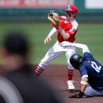 Meadowdales Nicholas Banez slides in safely after stealing second base against Stanwood Saturday, May 14, 2022, during a 3A district matchup at Funko Field in Everett, Washington. (Ryan Berry / The Herald)