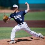 Meadowdales Broderick Bluhm delivers a pitch against Stanwood Saturday, May 14, 2022, during a 3A district matchup at Funko Field in Everett, Washington. (Ryan Berry / The Herald)