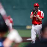 Stanwood’s Mason Goodson looks down to home plate while pitching against Meadowdale Saturday, May 14, 2022, during a 3A district matchup at Funko Field in Everett, Washington. (Ryan Berry / The Herald)