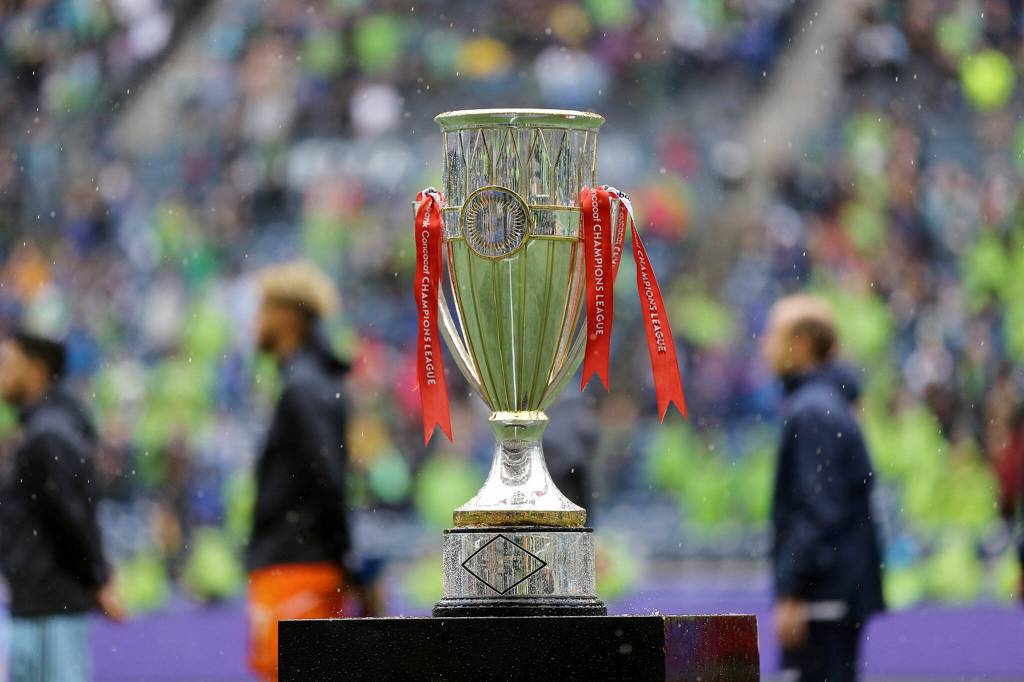 The Concacaf Champions League trophy is on display before the Seattle Sounders game against Minnesota United Sunday, May 15, 2022, at Lumen Field in Seattle, Washington. (Ryan Berry / The Herald)