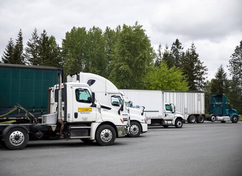 Trucks park at the Smokey Point Rest Area on Tuesday in Arlington. (Olivia Vanni / The Herald)