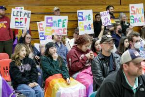 Students, parents and community leaders attend the school board meeting Monday evening at Cedarcrest Middle School in Marysville, Washington on May 16, 2022. (Kevin Clark / The Herald)