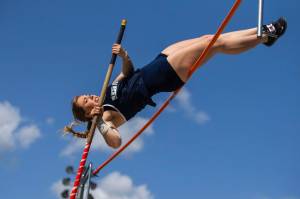 Glacier Peak’s Katherine Streissgut competes in the pole vault during Eason Invitational track and field meet on Saturday, April 23, 2022 in Snohomish, Washington. (Olivia Vanni / The Herald)