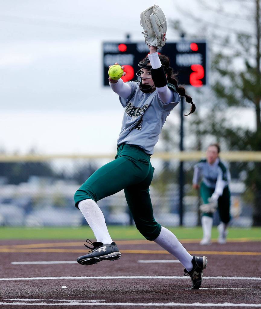 Jacksons Allie Thomsen delivers a pitch against Skyline during Wednesdays Class 4A matchup at the Phil Johnson Ballfields in Everett. (Ryan Berry / The Herald)