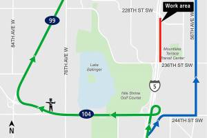 Drivers heading north on Interstate 5 will take a detour from Highway 104 to 220th Street SW and back to I-5 this weekend during nightly lane closures for Sound Transit light rail work. (Sound Transit)