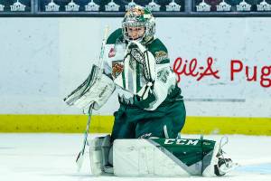 The Silvertips' Koen Macinnes stops a shot during a game against the Blazers on Saturday, Feb. 12, 2022, at Angel of the Winds Arena in Everett. (Kristin Ostrowski / Everett Silvertips)