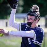Arlingtons Lizzie Durfee throws a pitch against Monroe at Phil Johnson Ball Field in Everett, Washington on May 19, 2022.(Kevin Clark / The Herald)